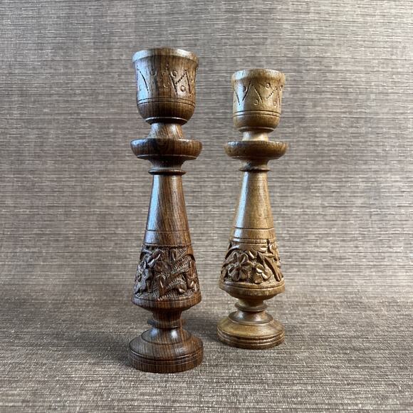 Set of 2 Vintage Sheesham Wood Candle Holders – Hand-Carved Floral Design – 8″ - Picture 1 of 9